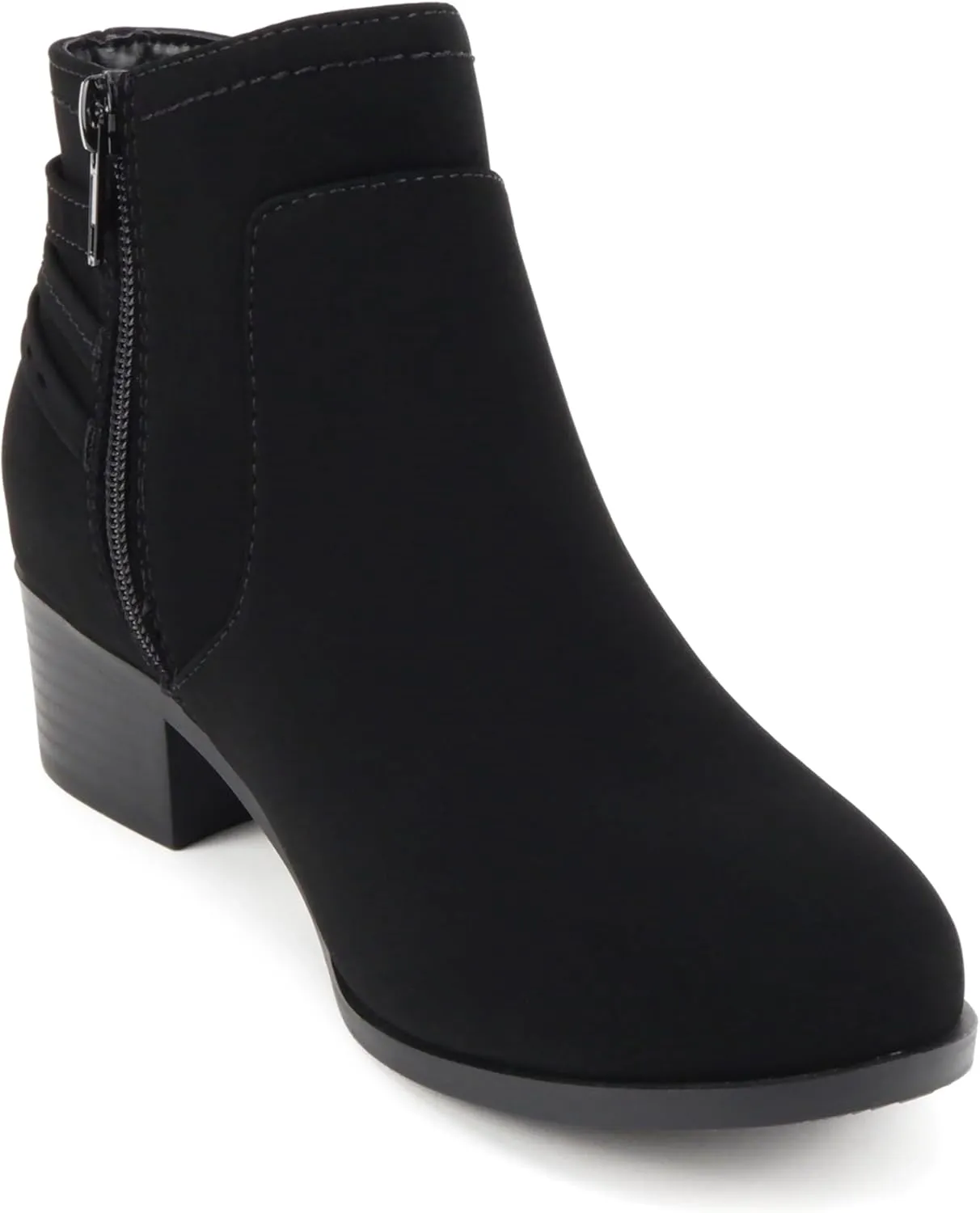Soda “BOYET” ~ Women Round Toe Elastic Gore Multi Back Strap Low Stack Heel Ankle Bootie with Side Zipper