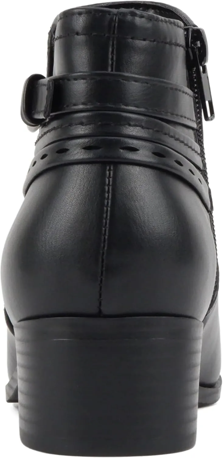 Soda “BOYET” ~ Women Round Toe Elastic Gore Multi Back Strap Low Stack Heel Ankle Bootie with Side Zipper