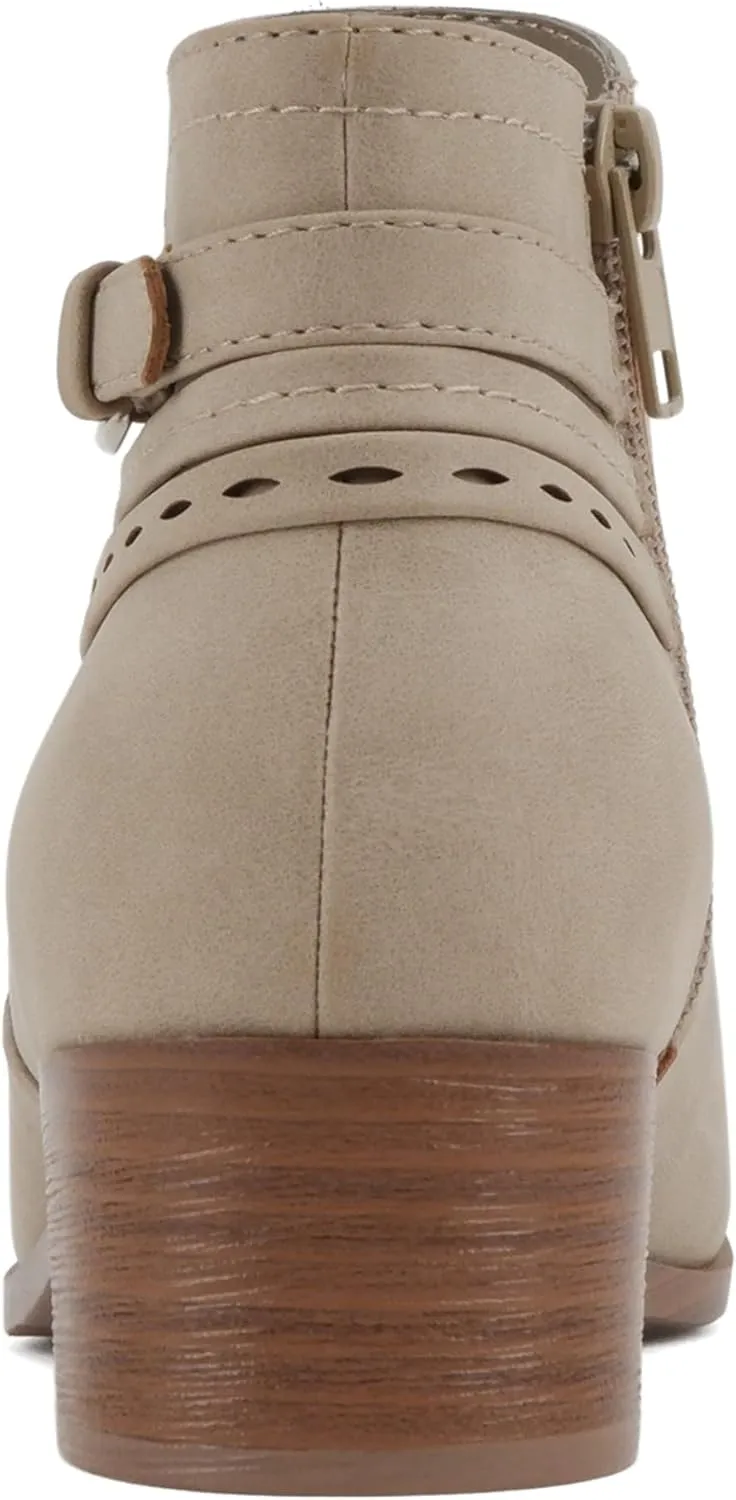 Soda “BOYET” ~ Women Round Toe Elastic Gore Multi Back Strap Low Stack Heel Ankle Bootie with Side Zipper
