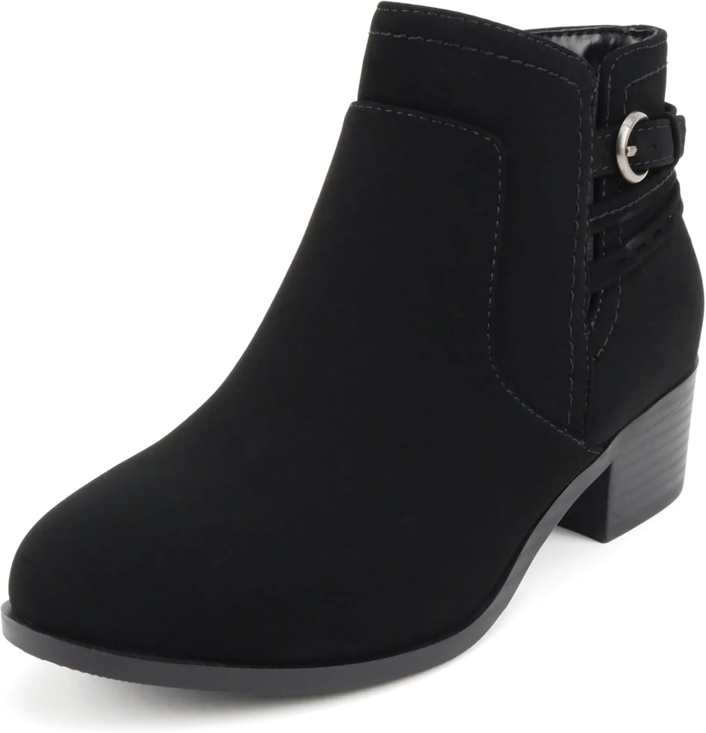 Soda “BOYET” ~ Women Round Toe Elastic Gore Multi Back Strap Low Stack Heel Ankle Bootie with Side Zipper