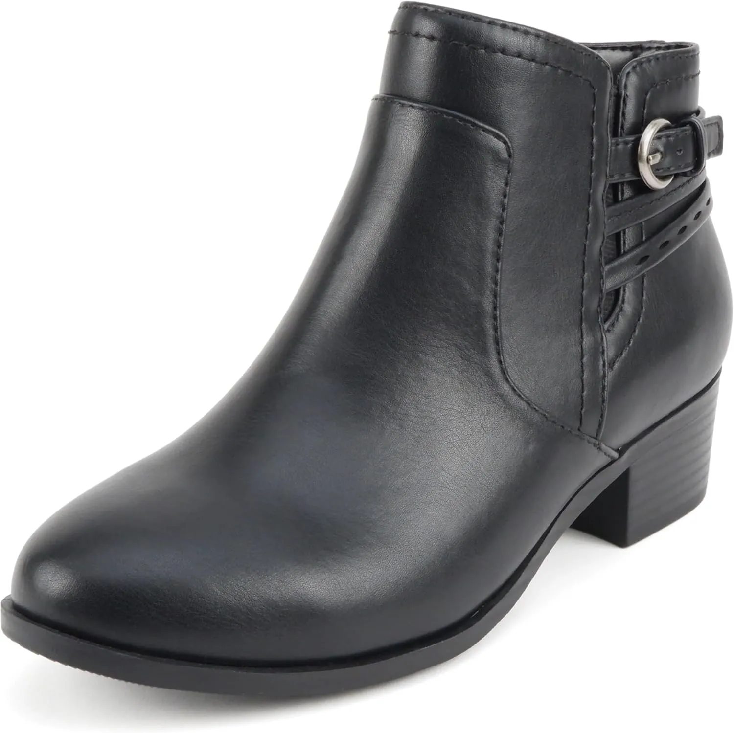 Soda “BOYET” ~ Women Round Toe Elastic Gore Multi Back Strap Low Stack Heel Ankle Bootie with Side Zipper