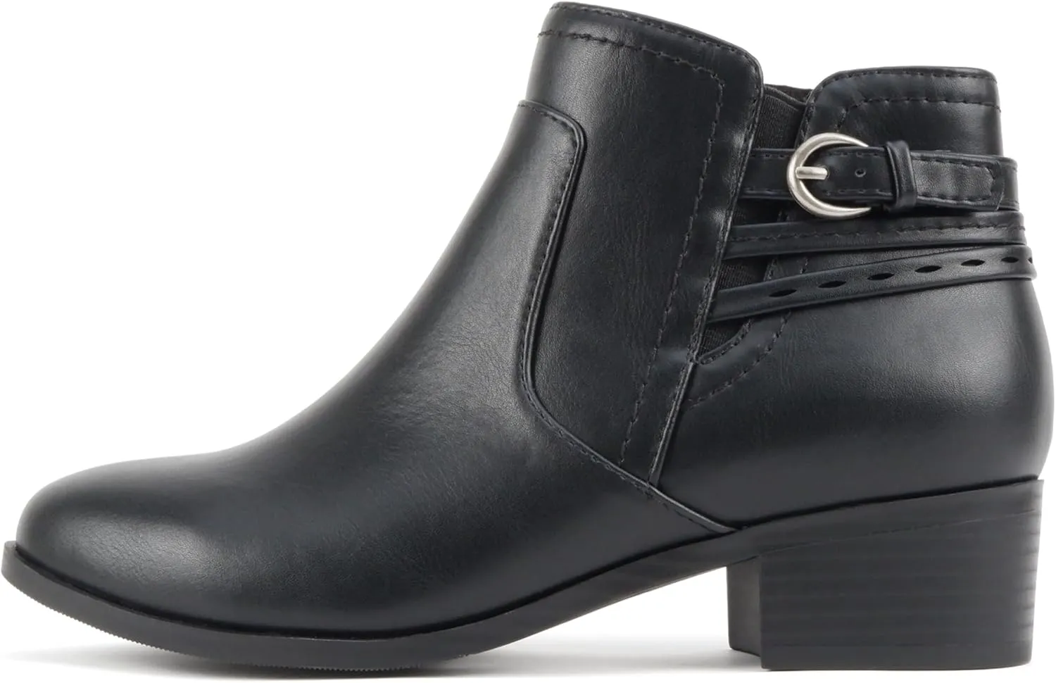 Soda “BOYET” ~ Women Round Toe Elastic Gore Multi Back Strap Low Stack Heel Ankle Bootie with Side Zipper