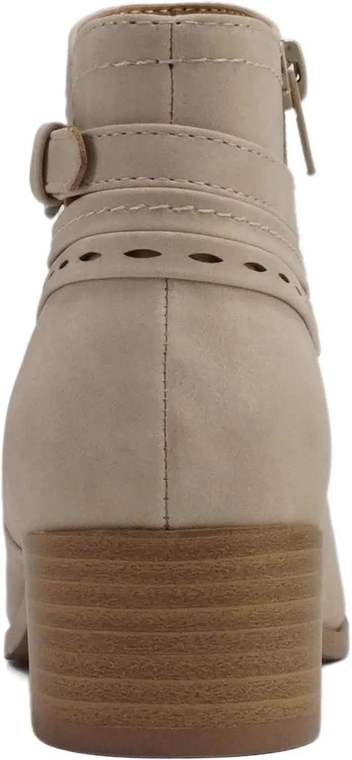 Soda “BOYET” ~ Women Round Toe Elastic Gore Multi Back Strap Low Stack Heel Ankle Bootie with Side Zipper
