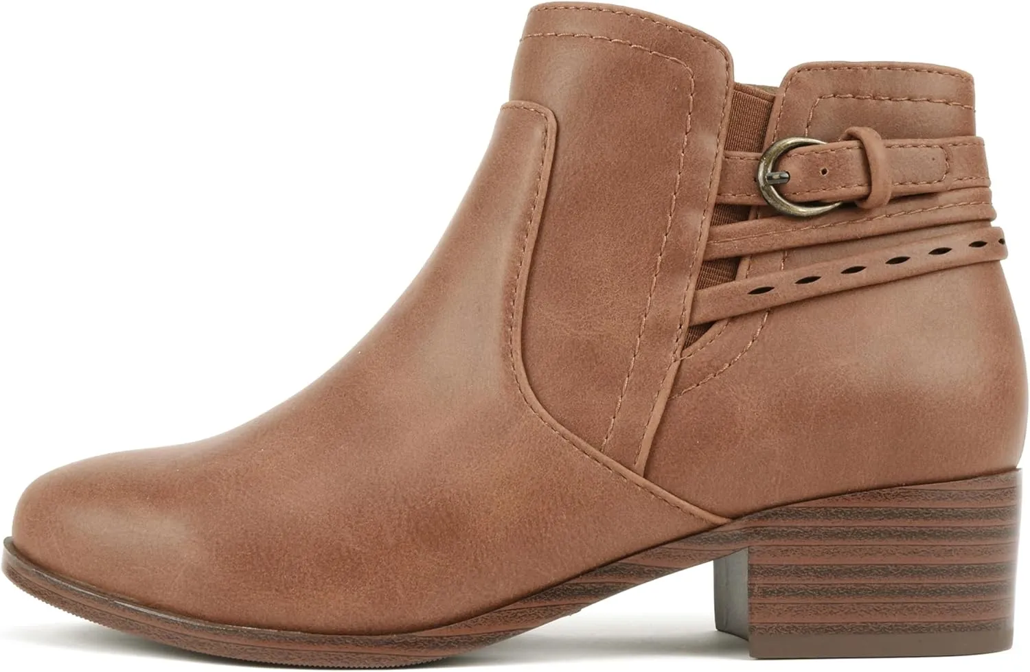 Soda “BOYET” ~ Women Round Toe Elastic Gore Multi Back Strap Low Stack Heel Ankle Bootie with Side Zipper