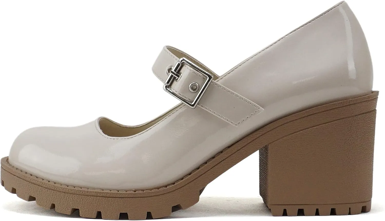 Soda “Eviana” ~ Women Mary Jane Round Toe Mid Chunky Block Heel Lug Sole Pump with Adjustable Strap