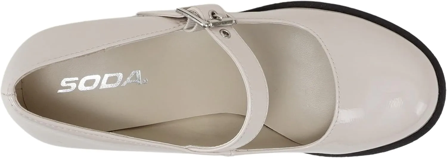 Soda “Eviana” ~ Women Mary Jane Round Toe Mid Chunky Block Heel Lug Sole Pump with Adjustable Strap