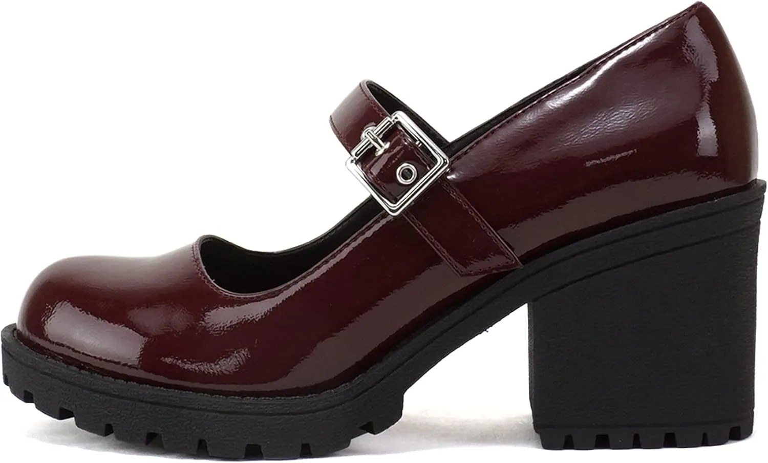 Soda “Eviana” ~ Women Mary Jane Round Toe Mid Chunky Block Heel Lug Sole Pump with Adjustable Strap