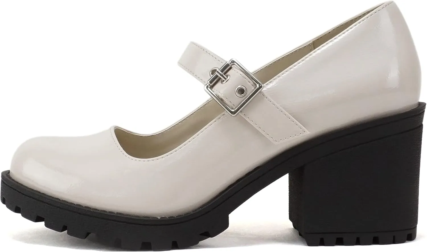 Soda “Eviana” ~ Women Mary Jane Round Toe Mid Chunky Block Heel Lug Sole Pump with Adjustable Strap