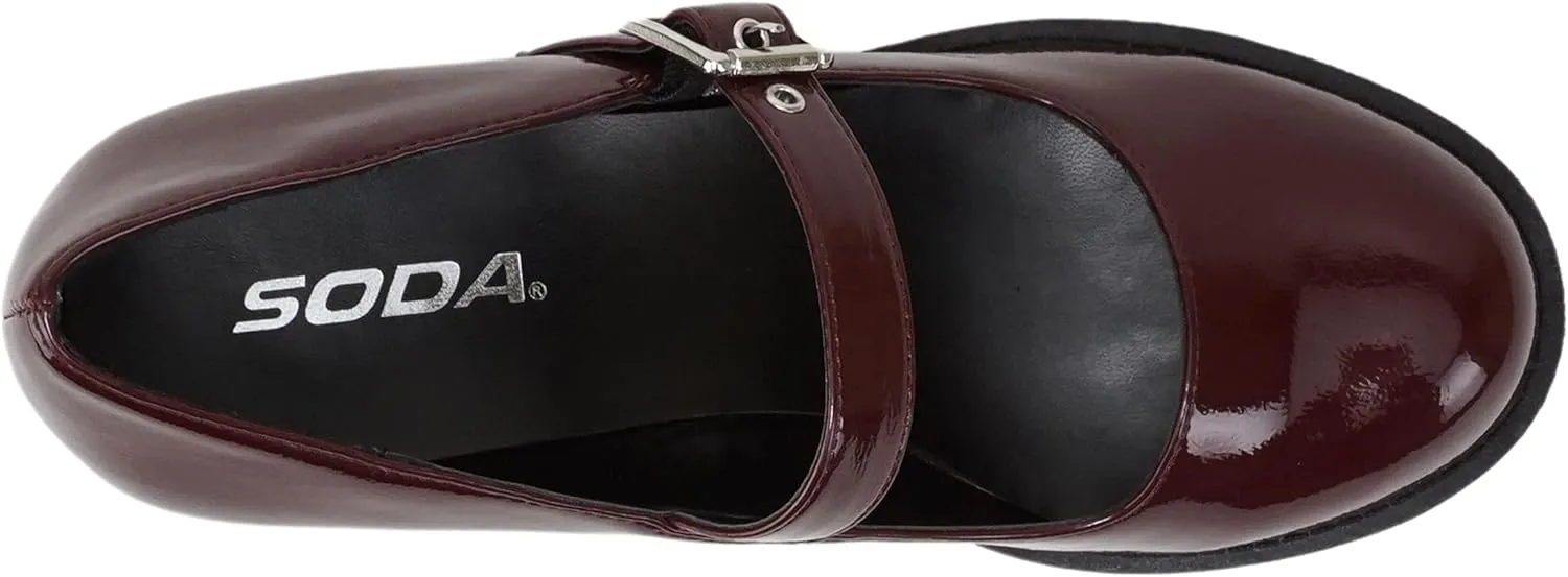 Soda “Eviana” ~ Women Mary Jane Round Toe Mid Chunky Block Heel Lug Sole Pump with Adjustable Strap