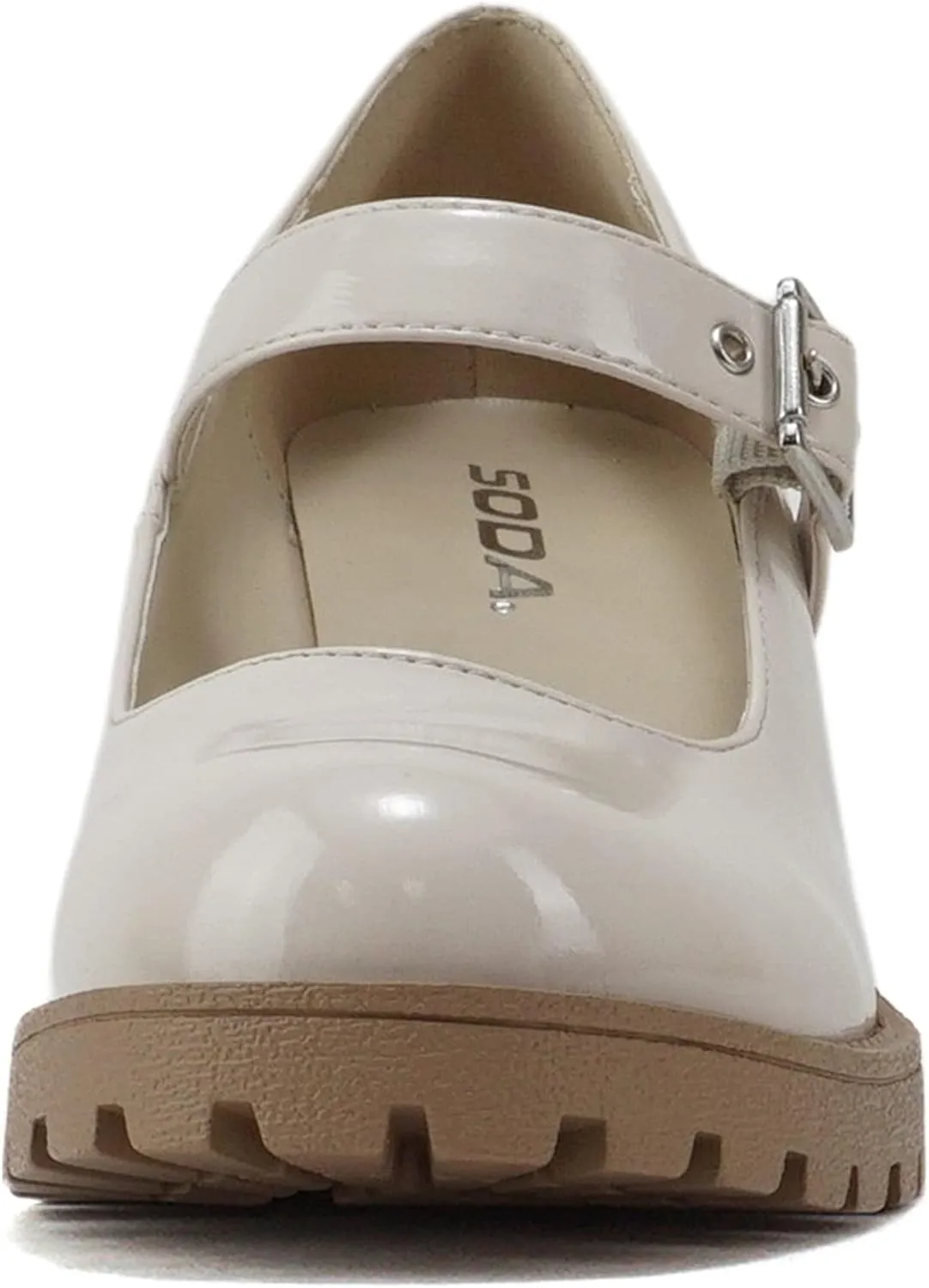 Soda “Eviana” ~ Women Mary Jane Round Toe Mid Chunky Block Heel Lug Sole Pump with Adjustable Strap