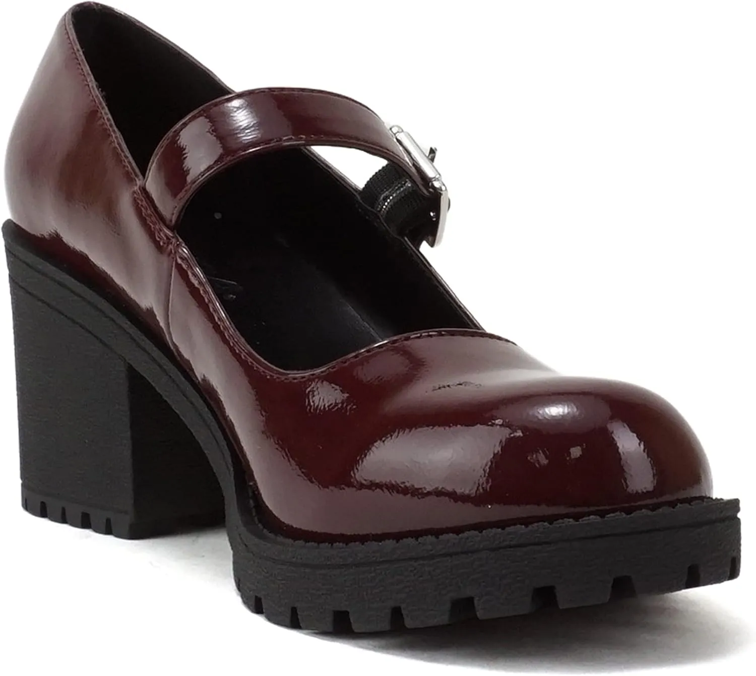 Soda “Eviana” ~ Women Mary Jane Round Toe Mid Chunky Block Heel Lug Sole Pump with Adjustable Strap