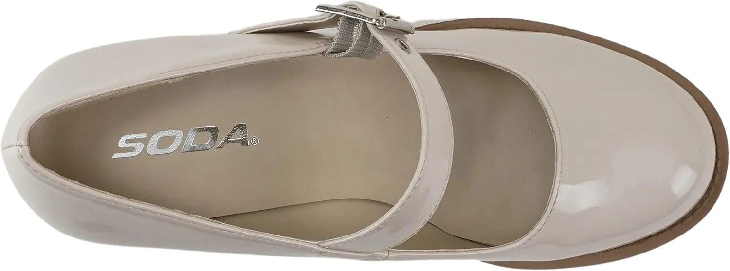 Soda “Eviana” ~ Women Mary Jane Round Toe Mid Chunky Block Heel Lug Sole Pump with Adjustable Strap