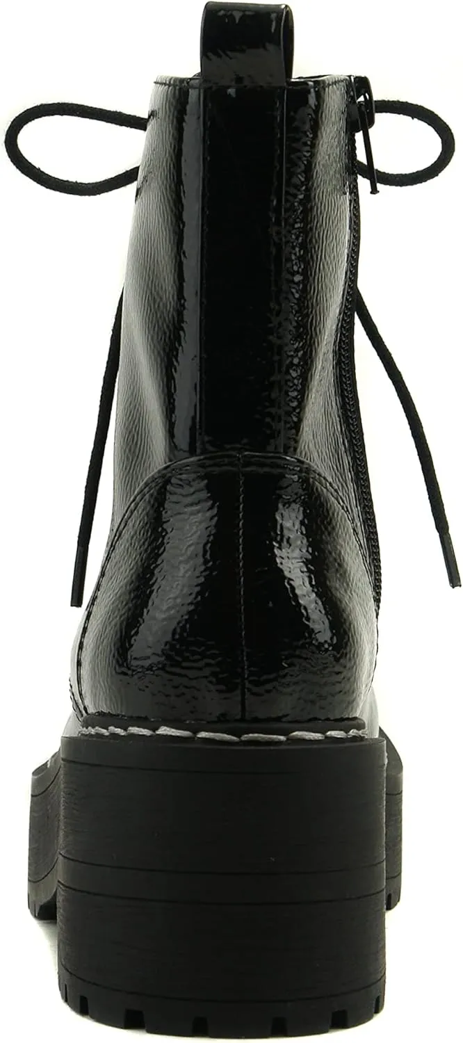 Soda FLING Women Chunky Lug Sole Lace up Fashion Combat Ankle Boot w/Side Zipper