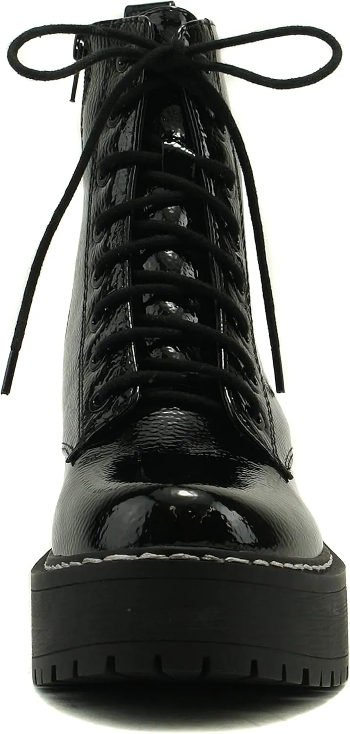 Soda FLING Women Chunky Lug Sole Lace up Fashion Combat Ankle Boot w/Side Zipper