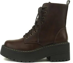 Soda FLING Women Chunky Lug Sole Lace up Fashion Combat Ankle Boot w/Side Zipper