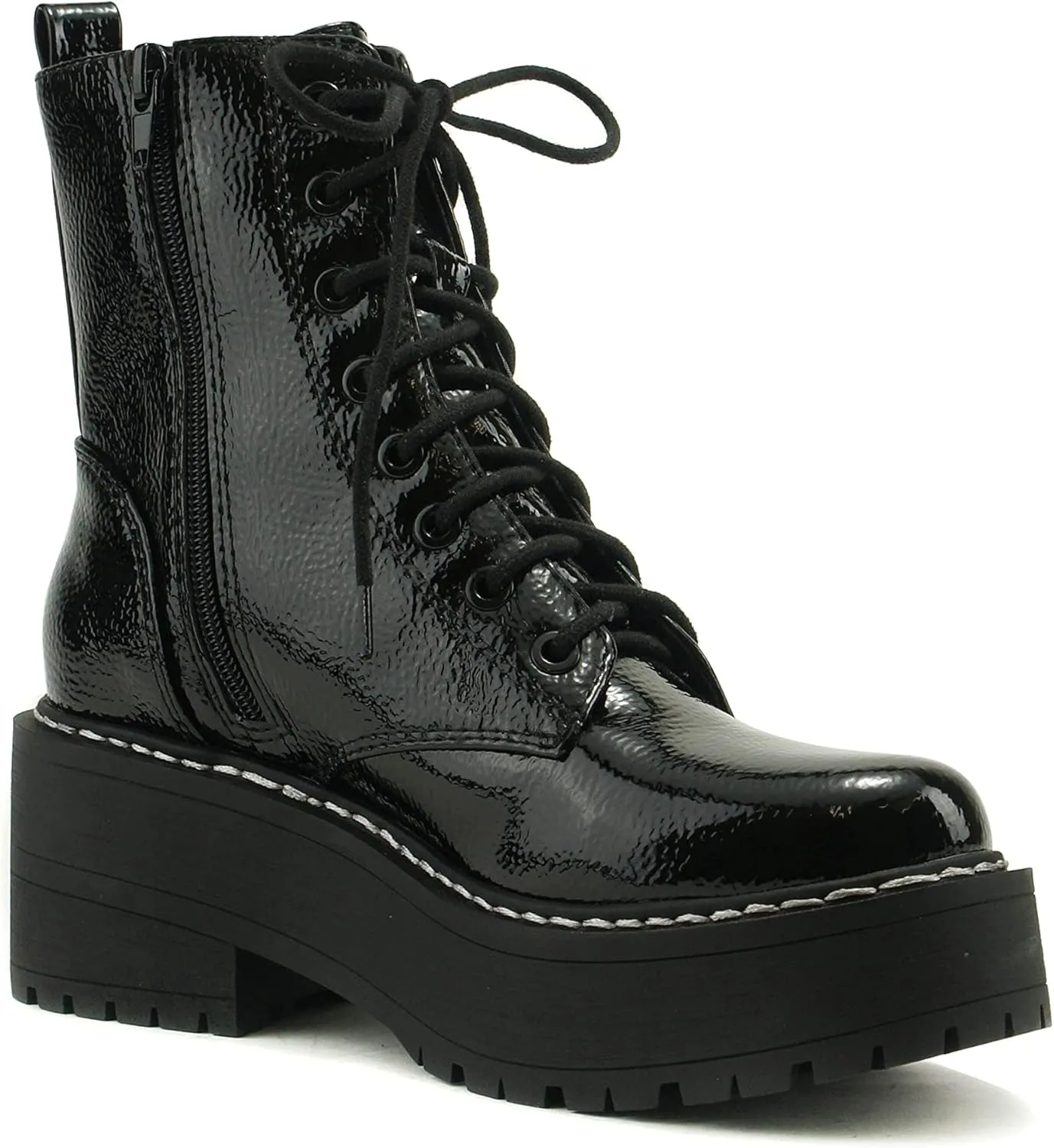 Soda FLING Women Chunky Lug Sole Lace up Fashion Combat Ankle Boot w/Side Zipper