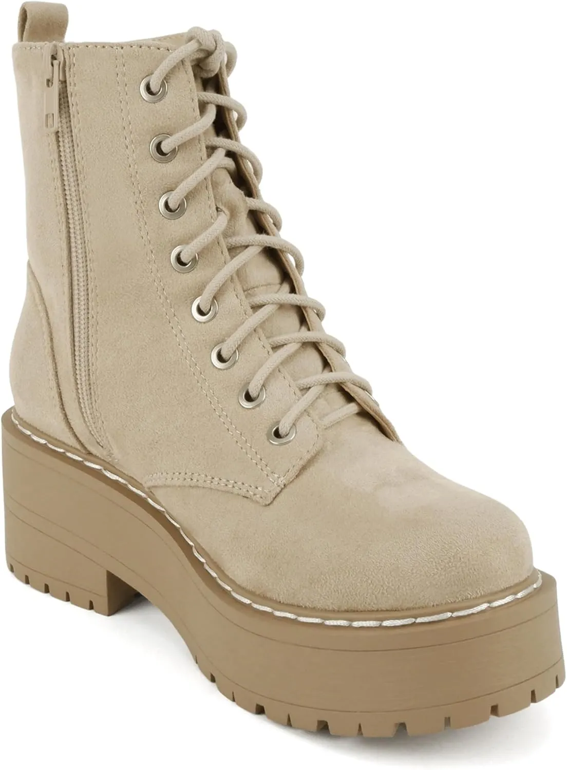 Soda FLING Women Chunky Lug Sole Lace up Fashion Combat Ankle Boot w/Side Zipper