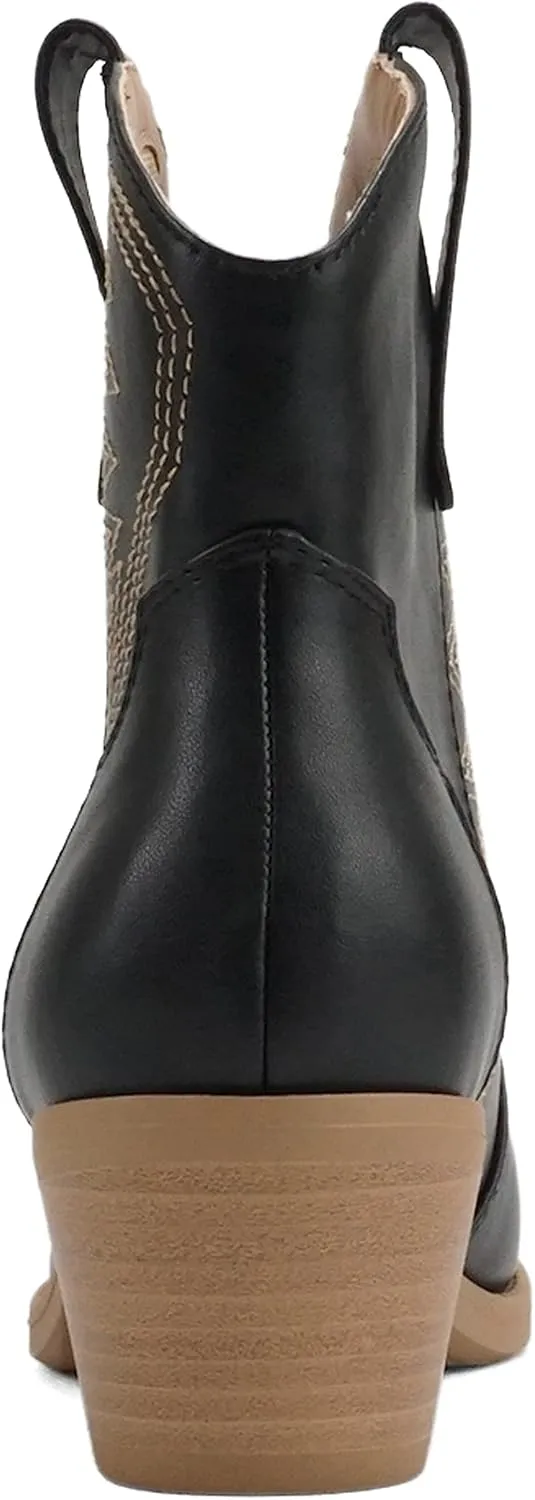 Soda “GESSO” ~ Women Pointed Toe Stitch Slip-On Low Stack Heel Ankle Western Boot