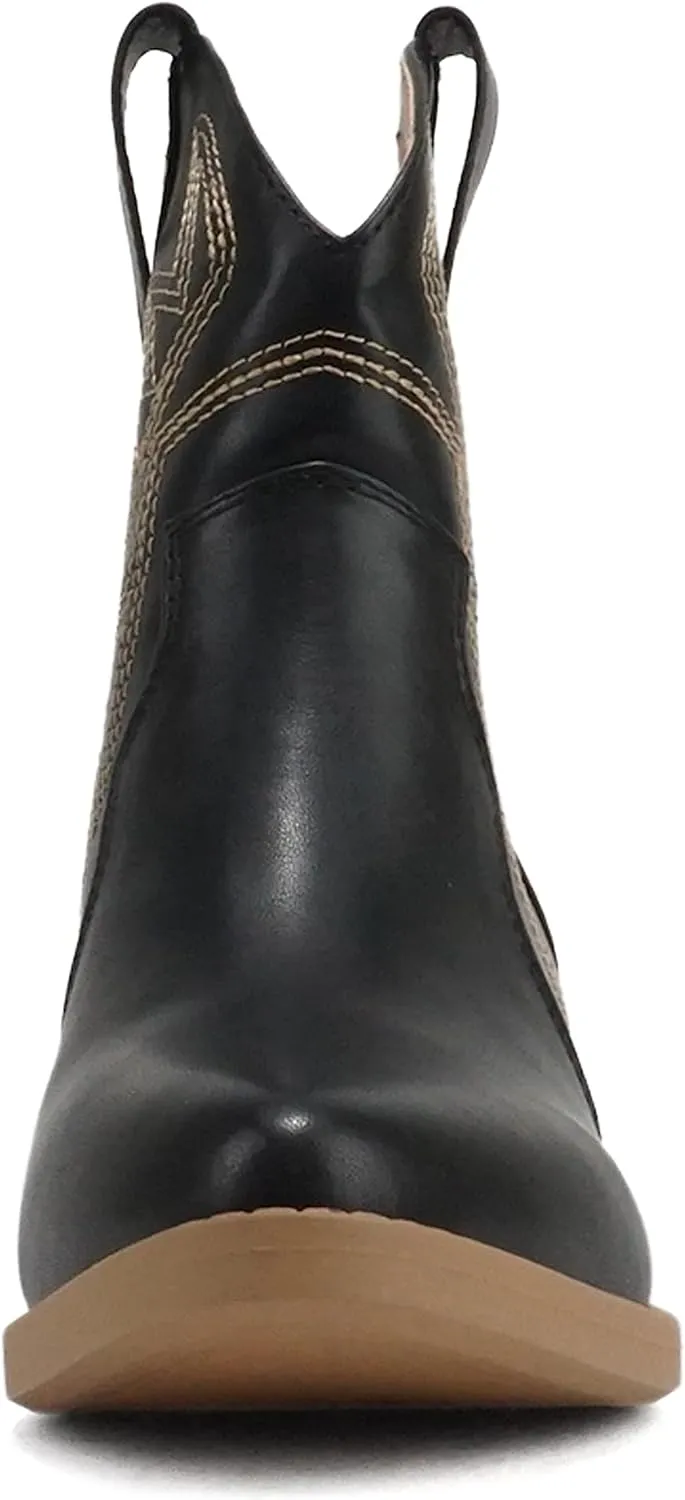 Soda “GESSO” ~ Women Pointed Toe Stitch Slip-On Low Stack Heel Ankle Western Boot