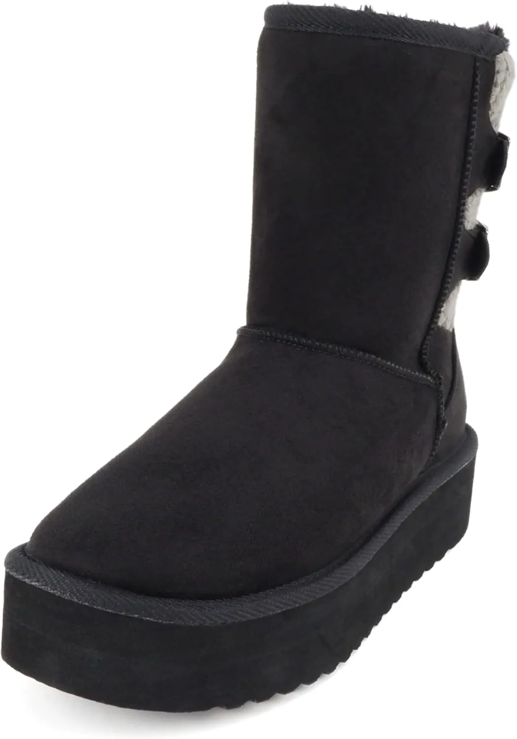 Soda “Medal” ~ Women Round Toe Belt Strap Sweater Shaft Lug Sole Low Flatform Sherpa-lined Mid-Calf Boot