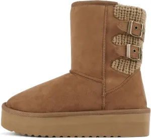 Soda “Medal” ~ Women Round Toe Belt Strap Sweater Shaft Lug Sole Low Flatform Sherpa-lined Mid-Calf Boot