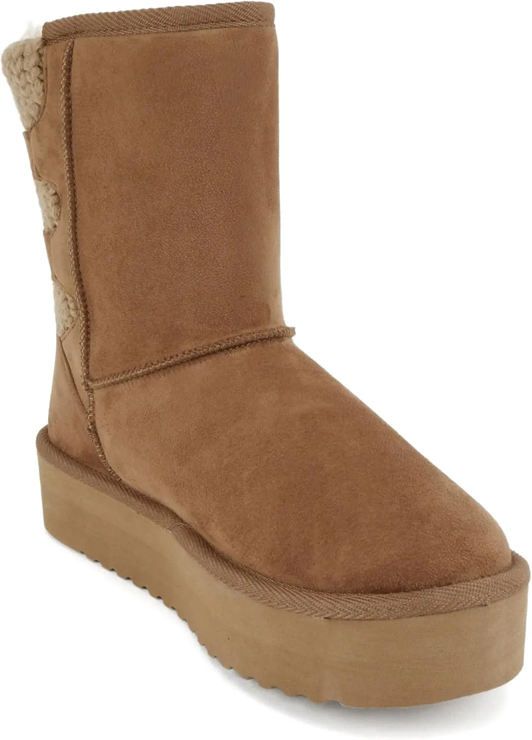 Soda “Medal” ~ Women Round Toe Belt Strap Sweater Shaft Lug Sole Low Flatform Sherpa-lined Mid-Calf Boot