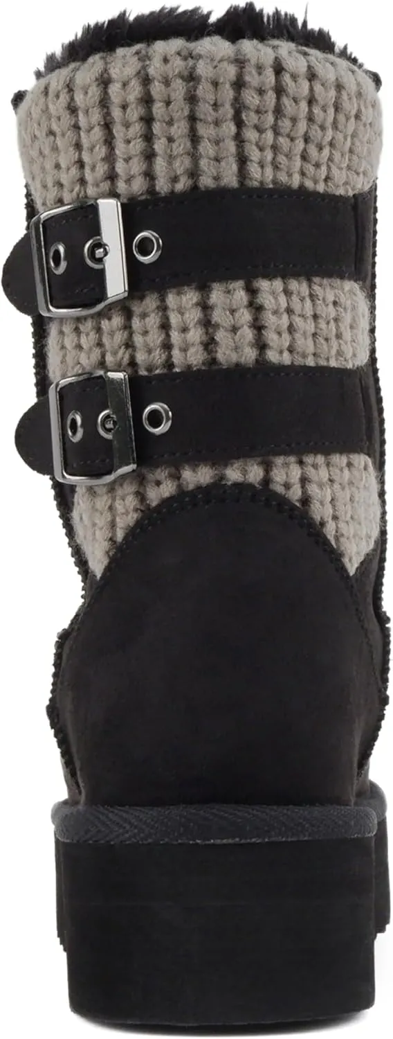 Soda “Medal” ~ Women Round Toe Belt Strap Sweater Shaft Lug Sole Low Flatform Sherpa-lined Mid-Calf Boot