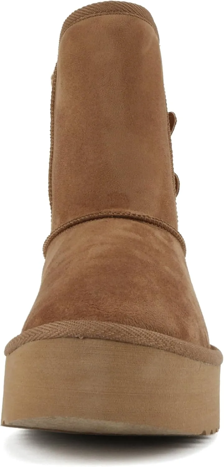 Soda “Medal” ~ Women Round Toe Belt Strap Sweater Shaft Lug Sole Low Flatform Sherpa-lined Mid-Calf Boot