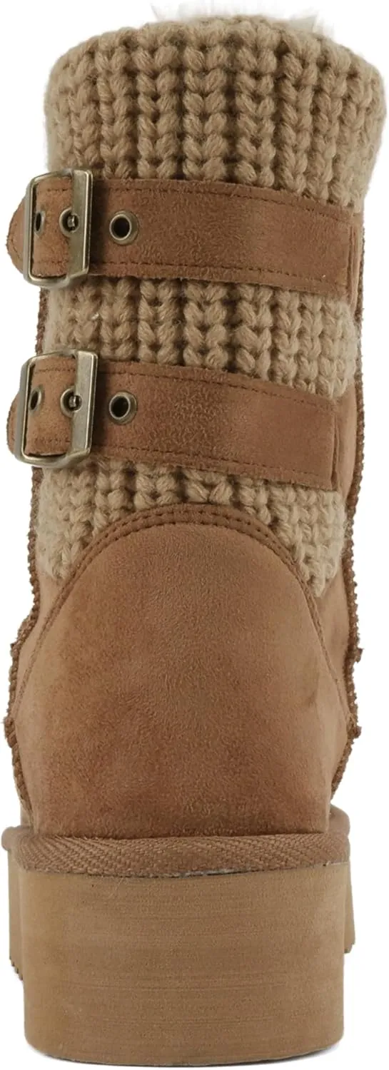 Soda “Medal” ~ Women Round Toe Belt Strap Sweater Shaft Lug Sole Low Flatform Sherpa-lined Mid-Calf Boot