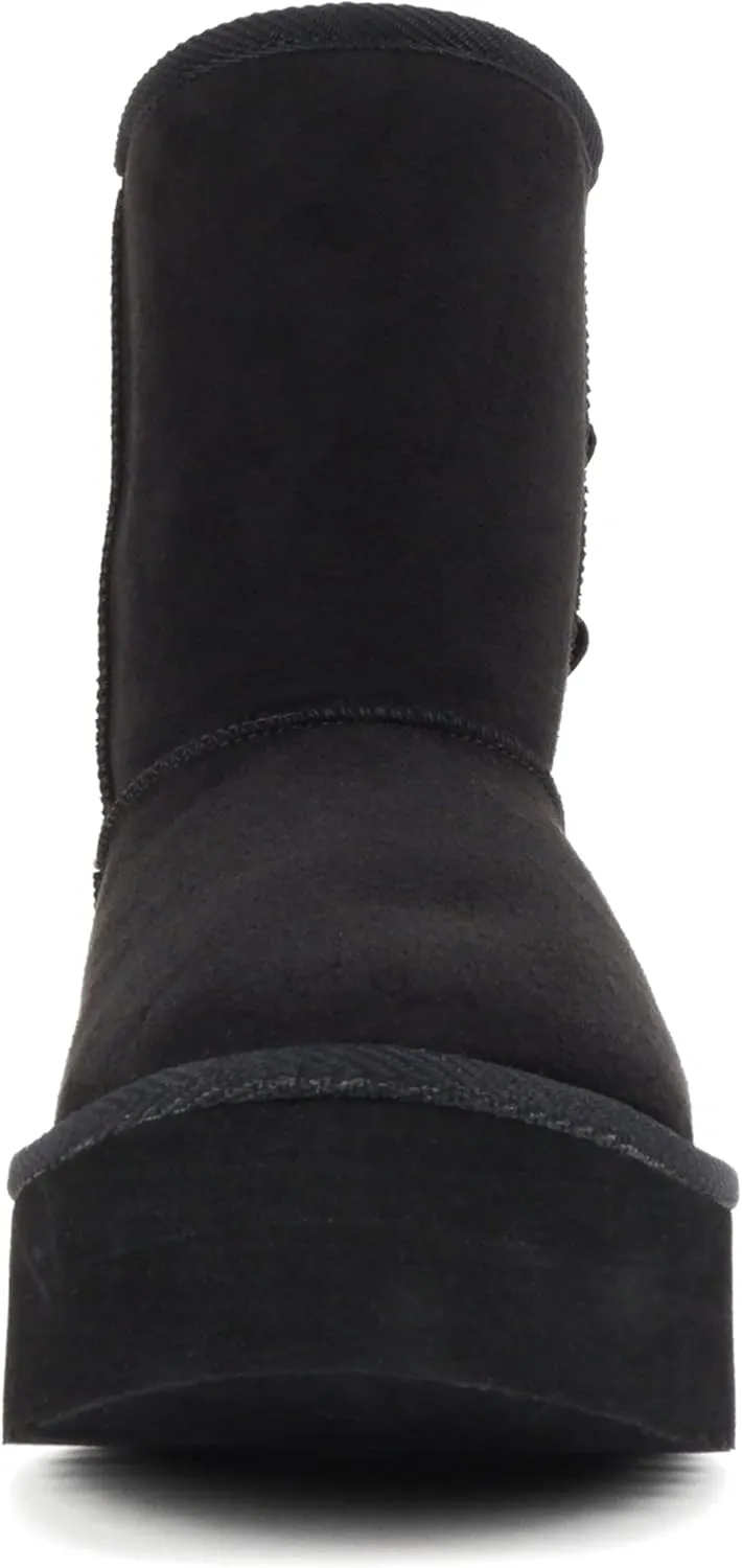 Soda “Medal” ~ Women Round Toe Belt Strap Sweater Shaft Lug Sole Low Flatform Sherpa-lined Mid-Calf Boot