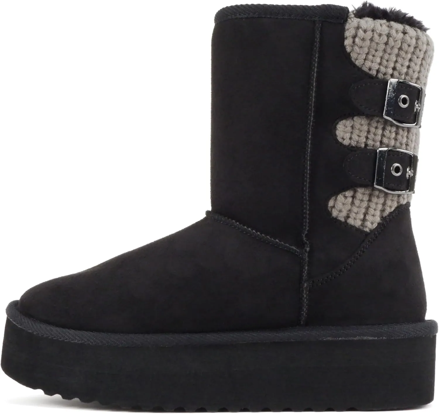 Soda “Medal” ~ Women Round Toe Belt Strap Sweater Shaft Lug Sole Low Flatform Sherpa-lined Mid-Calf Boot