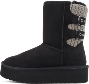 Soda “Medal” ~ Women Round Toe Belt Strap Sweater Shaft Lug Sole Low Flatform Sherpa-lined Mid-Calf Boot