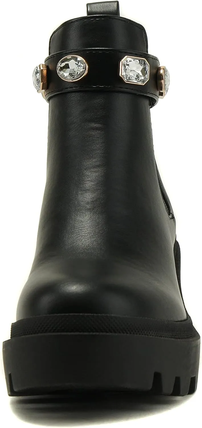 Soda PROFILE Women Lug Sole Mid Heel Chelsea Fashion Ankle Bootie w/Gleaming Studs