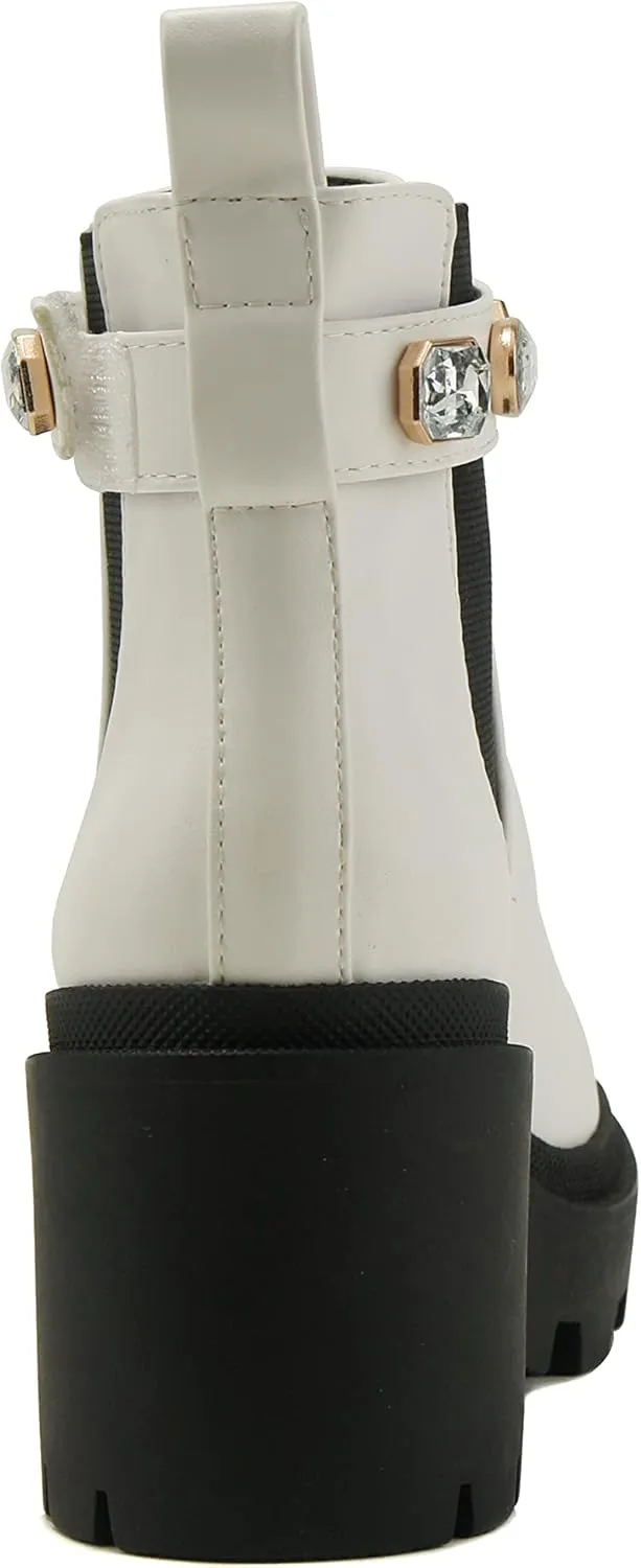 Soda PROFILE Women Lug Sole Mid Heel Chelsea Fashion Ankle Bootie w/Gleaming Studs