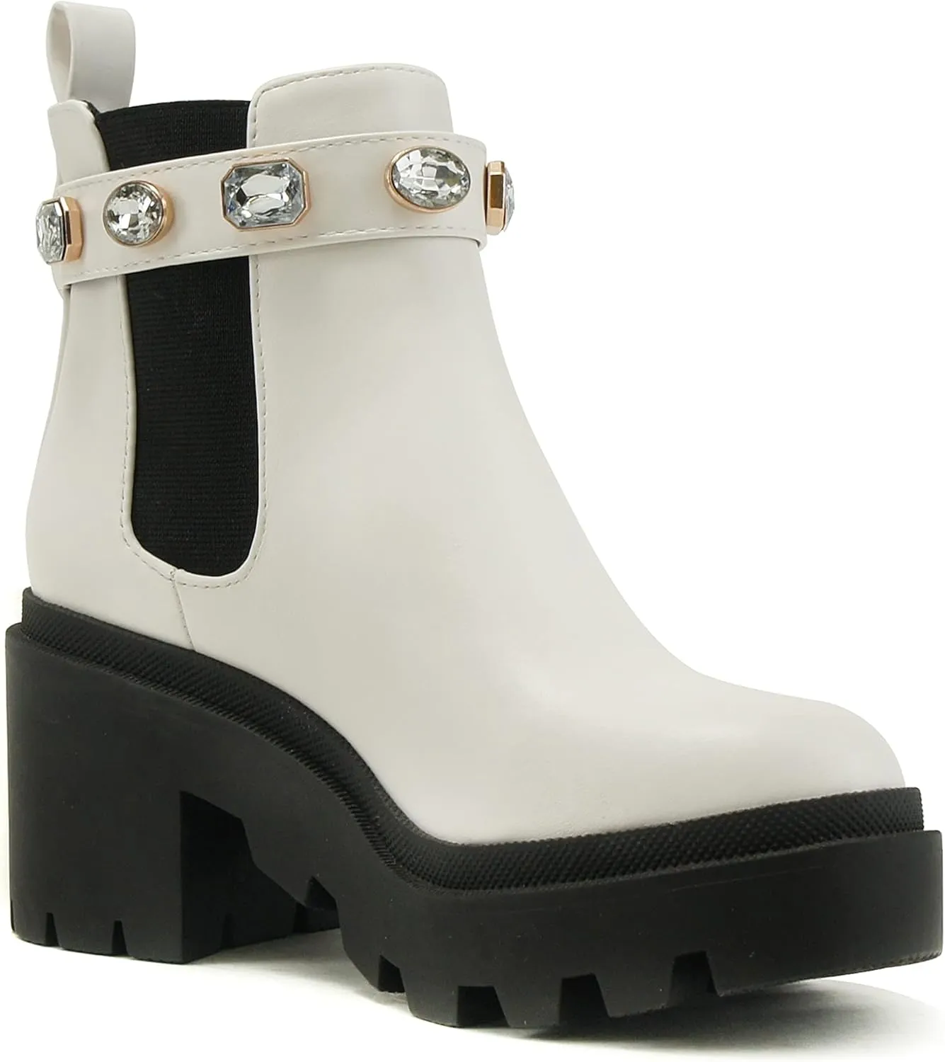 Soda PROFILE Women Lug Sole Mid Heel Chelsea Fashion Ankle Bootie w/Gleaming Studs