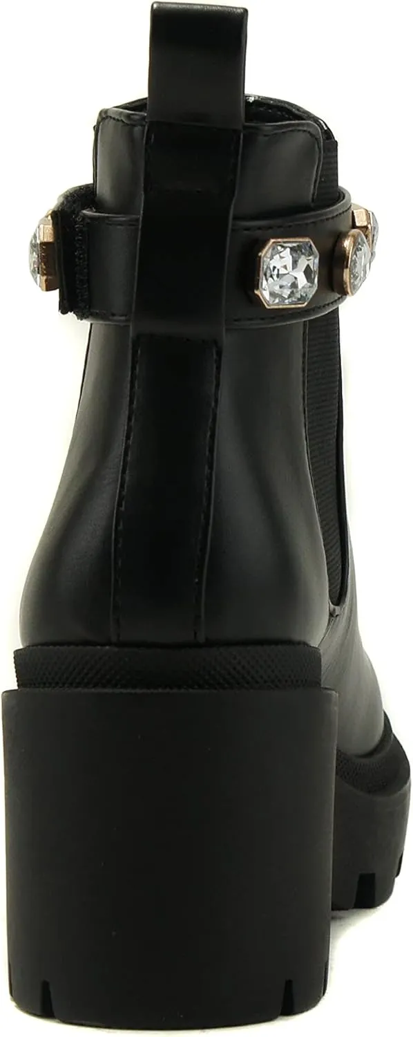 Soda PROFILE Women Lug Sole Mid Heel Chelsea Fashion Ankle Bootie w/Gleaming Studs
