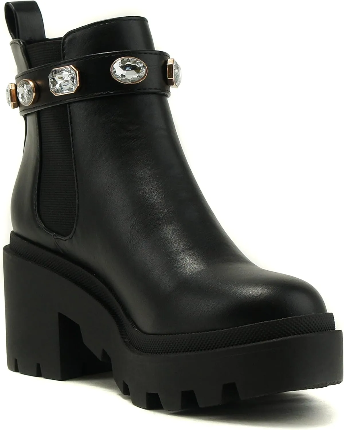Soda PROFILE Women Lug Sole Mid Heel Chelsea Fashion Ankle Bootie w/Gleaming Studs
