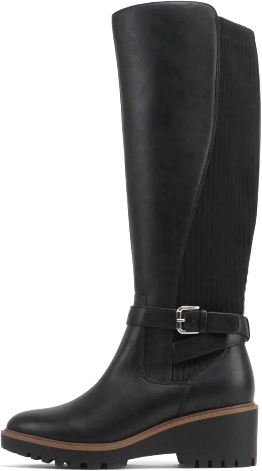 Soda “ZONE” ~ Women Round Toe Elastic Sweater Belted Strap Lug Sole Low Wedge Heel Knee-High Boot with Side Zipper