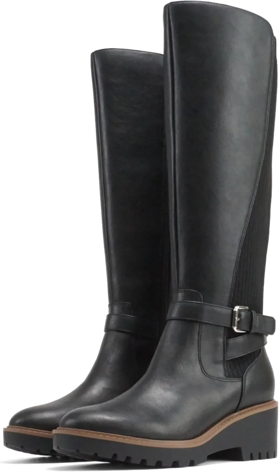 Soda “ZONE” ~ Women Round Toe Elastic Sweater Belted Strap Lug Sole Low Wedge Heel Knee-High Boot with Side Zipper