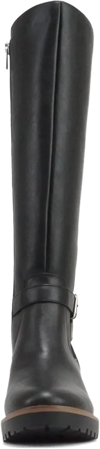 Soda “ZONE” ~ Women Round Toe Elastic Sweater Belted Strap Lug Sole Low Wedge Heel Knee-High Boot with Side Zipper