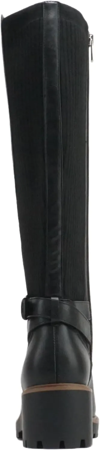 Soda “ZONE” ~ Women Round Toe Elastic Sweater Belted Strap Lug Sole Low Wedge Heel Knee-High Boot with Side Zipper