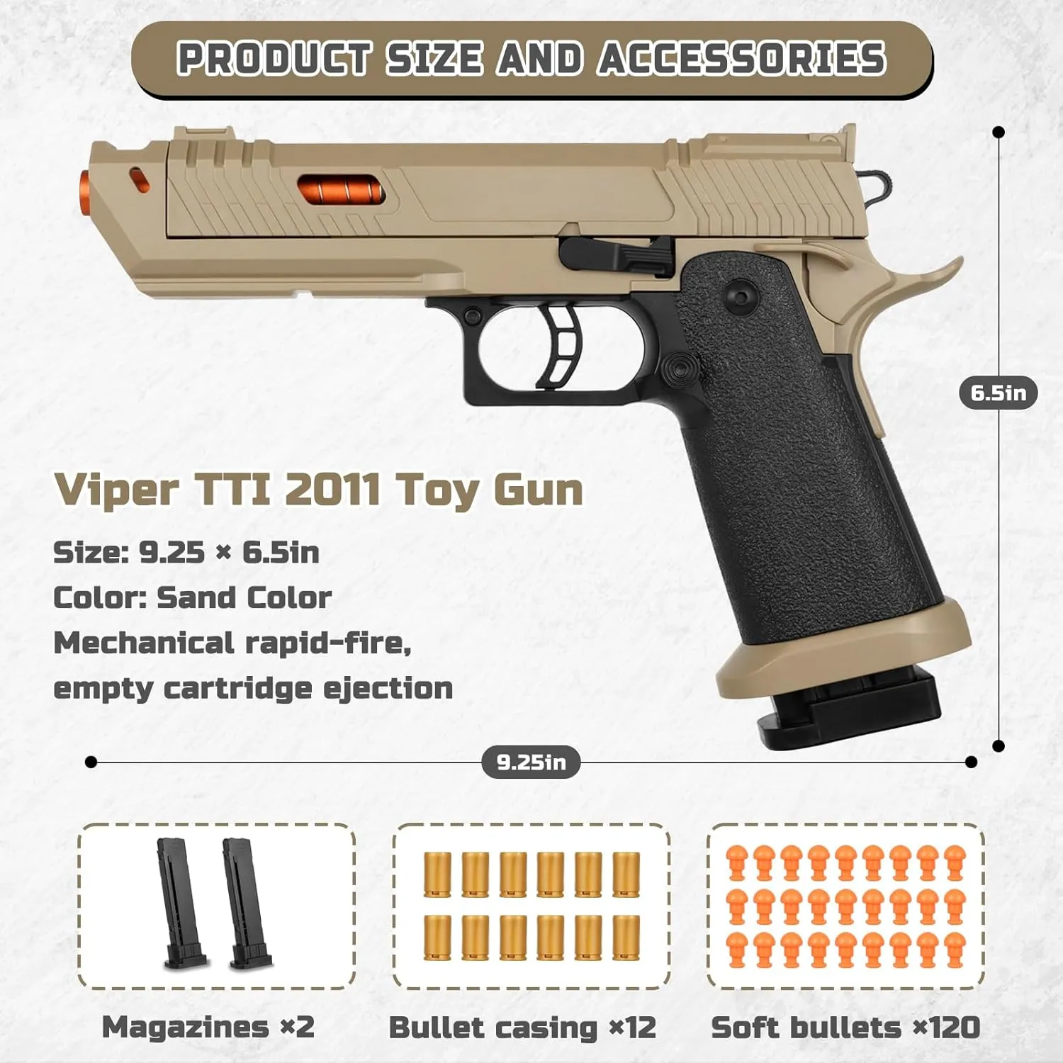 Soft Bullet Toy Gun Shell Ejecting with 120 Bullets, Rapid-fire Realistic Toy Gun for Boys, Shooting Game Toy Pistol Model Gun, Christmas Birthday Gifts for Boys Girls Age 6  (Sand)