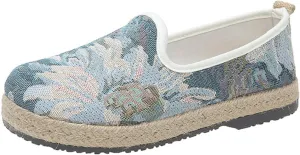 Soft Women's Elegant Linen Shoes, Lovely Slip On Flat Heel Casual Footwear, Comfortable Breathable Light Flat Shoes,8,Blue