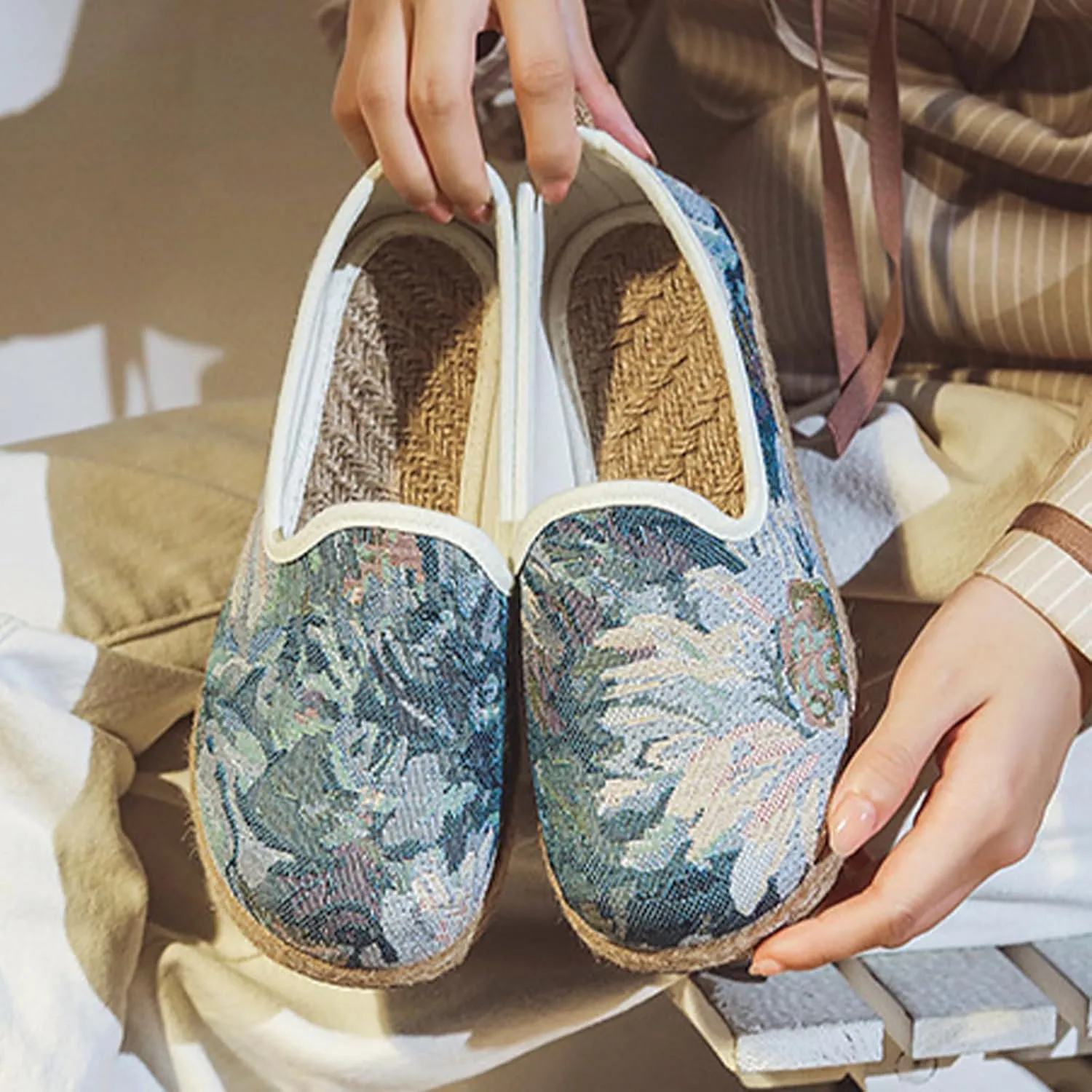 Soft Women's Elegant Linen Shoes, Lovely Slip On Flat Heel Casual Footwear, Comfortable Breathable Light Flat Shoes,8,Blue