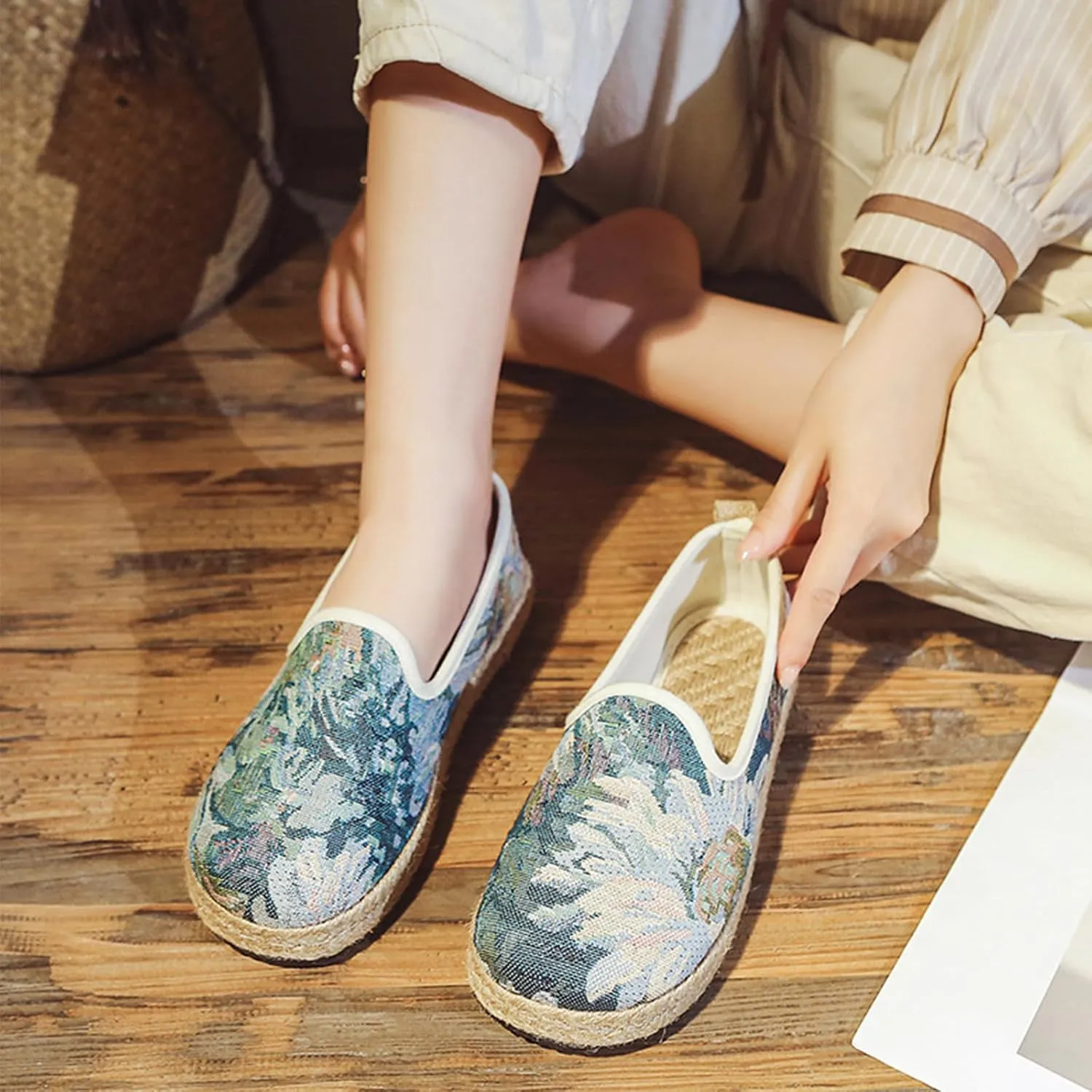 Soft Women's Elegant Linen Shoes, Lovely Slip On Flat Heel Casual Footwear, Comfortable Breathable Light Flat Shoes,8,Blue