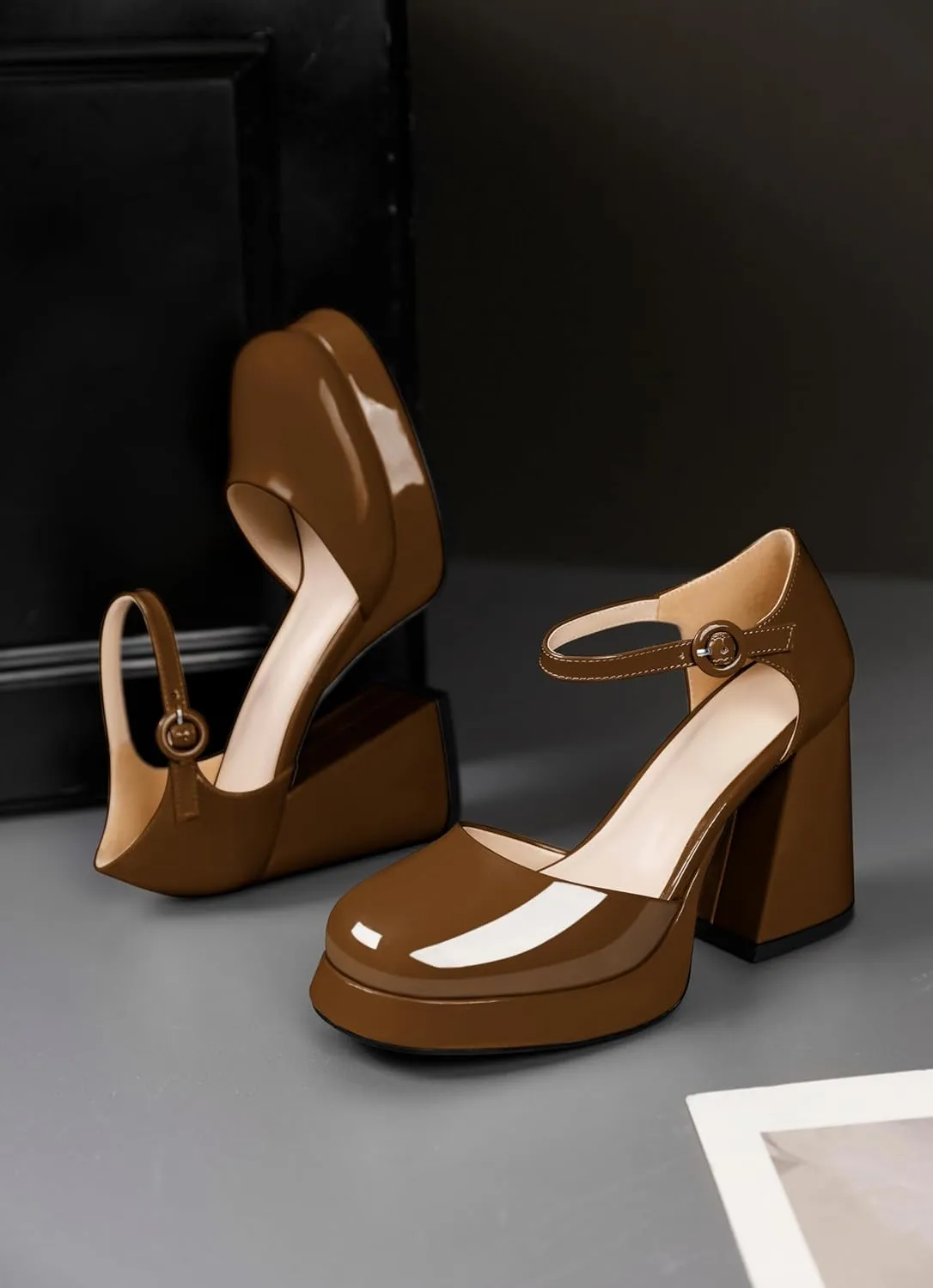 Soireelady Womens Chunky Platform Heels, Mary Jane Shoes Block Heel Pumps, High Heel Square Closed Toe Heels Ankle Strap Dress Shoes Comfort Fashion 4 Inches