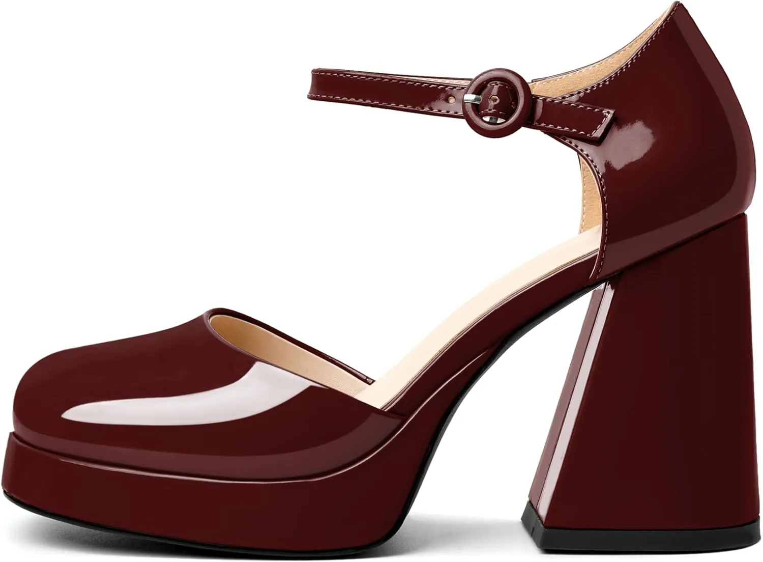 Soireelady Womens Chunky Platform Heels, Mary Jane Shoes Block Heel Pumps, High Heel Square Closed Toe Heels Ankle Strap Dress Shoes Comfort Fashion 4 Inches