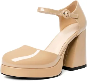 Soireelady Womens Chunky Platform Heels, Mary Jane Shoes Block Heel Pumps, High Heel Square Closed Toe Heels Ankle Strap Dress Shoes Comfort Fashion 4 Inches