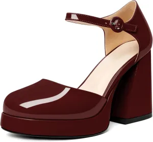 Soireelady Womens Chunky Platform Heels, Mary Jane Shoes Block Heel Pumps, High Heel Square Closed Toe Heels Ankle Strap Dress Shoes Comfort Fashion 4 Inches