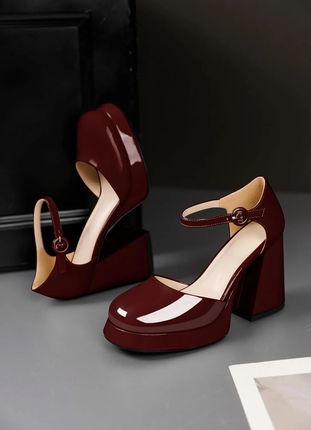 Soireelady Womens Chunky Platform Heels, Mary Jane Shoes Block Heel Pumps, High Heel Square Closed Toe Heels Ankle Strap Dress Shoes Comfort Fashion 4 Inches